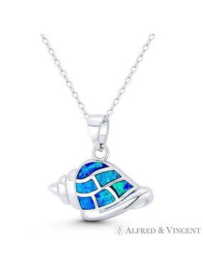 Conch Seashell Horn Shell Trumpet Lab-Created Opal .925 Sterling Silver Pendant